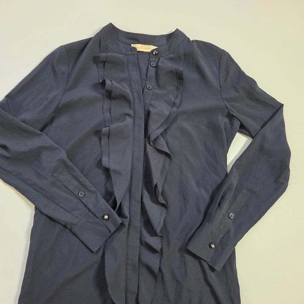 Tory Burch Navy Blue Ruffle Front Drop Waist Shirt Dress Size 2 Logo Buttons